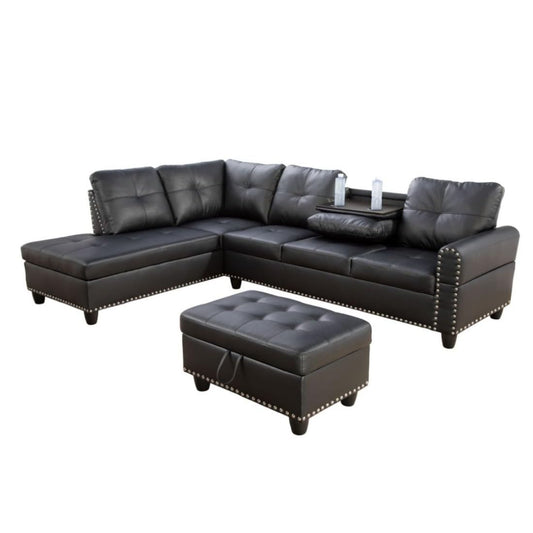 UOCFYK L-Shaped 3-Piece Faux Leather Sofa with Ottoman, Sectional Couch Set for Living Room, Office, Apartment, with Cup Holder, Black
