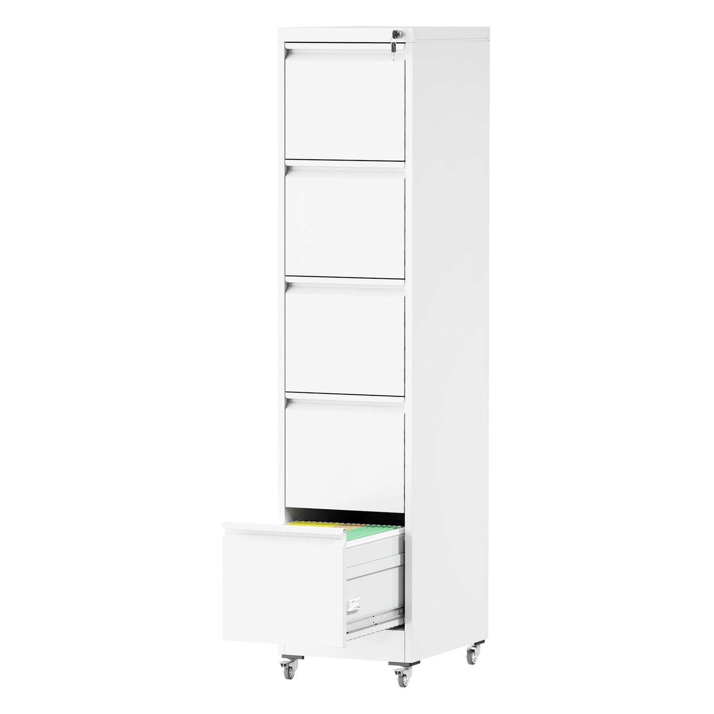 FOSTOKO 5 Drawers Filing Cabient with Wheel, File Cabinet with Lock, Steel Vertical Filing Storage Cabinet for Office, Heavy-Duty File Cabinets for Letters/Legal/A4 (Require Assembly, White)
