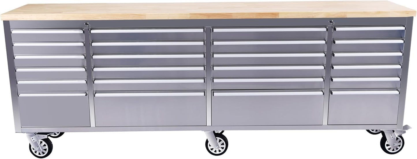 Heavy Duty 61" Tool Chest Cabinet, Mobile Garage Workbench with 24Drawers and Power Strip, Rubber Wood Worktop, 1675 LBS Load, Rolling Tool Storage Organizer for Mechanic, Shop or Home Use