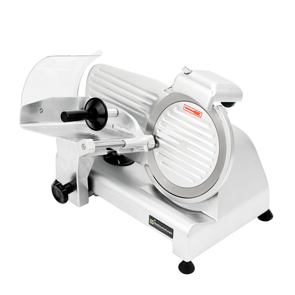 Restaurantware Bio Tek Meat Slicer 1 Adjustable Slice Size Manual Slicer - 200W Operation 0.25 Horsepower Stainless Steel Deli Slicer Built-In Sharpener Fixed Ring Guard