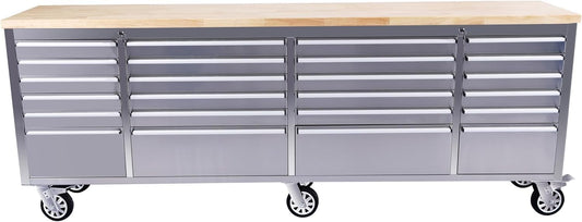 IDEALHOUSE 96 inch Rolling Tool Chest, Garage Workbench with 24 Drawers, Solid Rubber Wood Top & with Wheels Lock Key Locking, Mobile Workstation Tool Cabinet for Workshop Storage