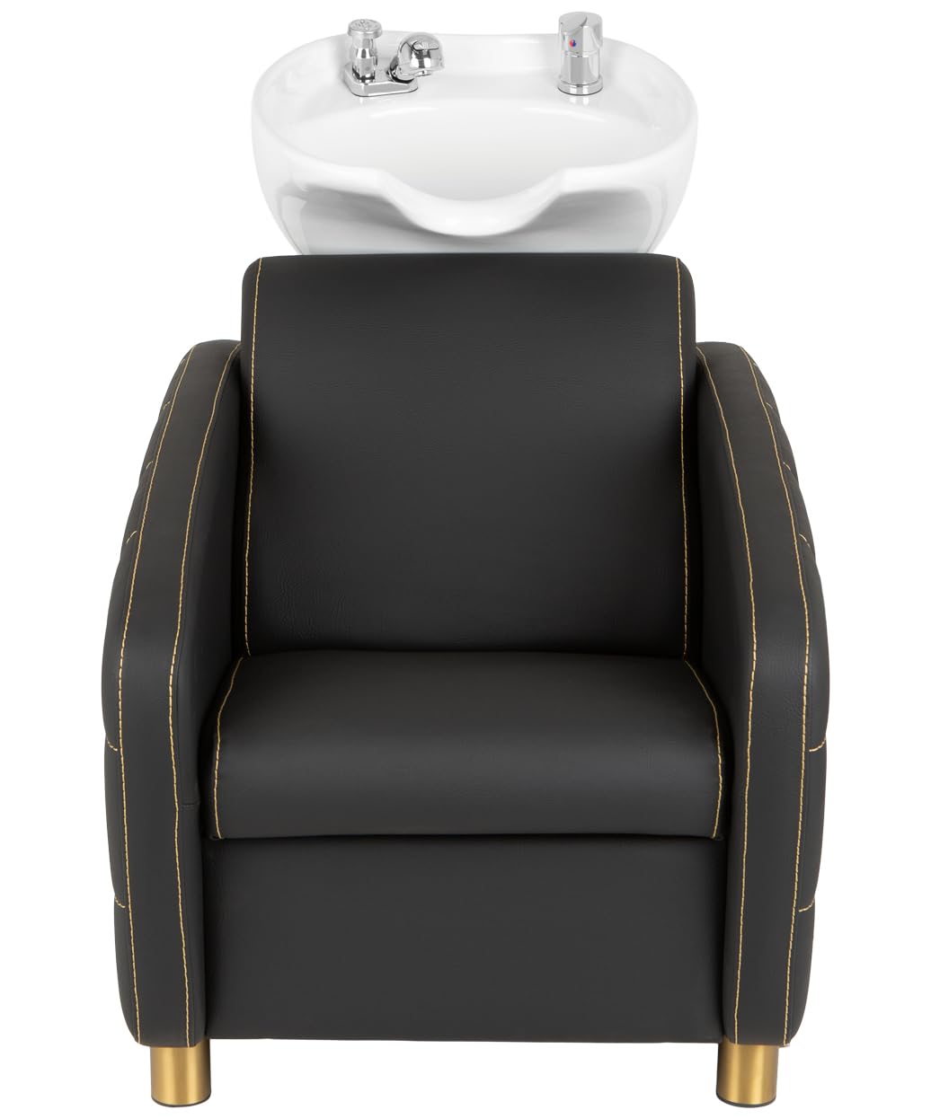 Buy-Rite Zara Shampoo Backwash Unit with Gold Stitching for Professional Salons, Tilting Porcelain Bowl, Extra Lumbar Support, Wide Seat for Comfort, Modern European Design, YLG-192-BW-GOLD-WHITEBOWL