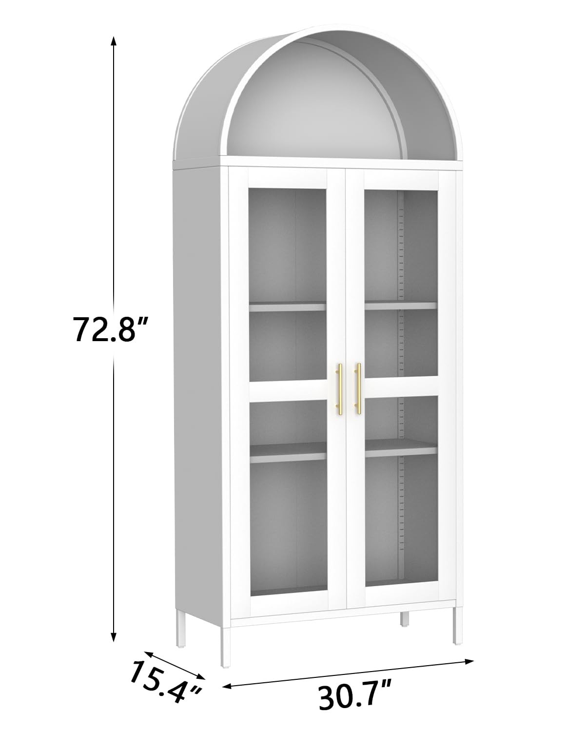 GarveeHome Modern Arched Metal Cabinet with Glass Doors & 2 Adjustable Shelves, 31"x15"x73"，Freestanding Pantry Storage for Kitchen/Dining/Living Room – Contemporary Display Organizer, White