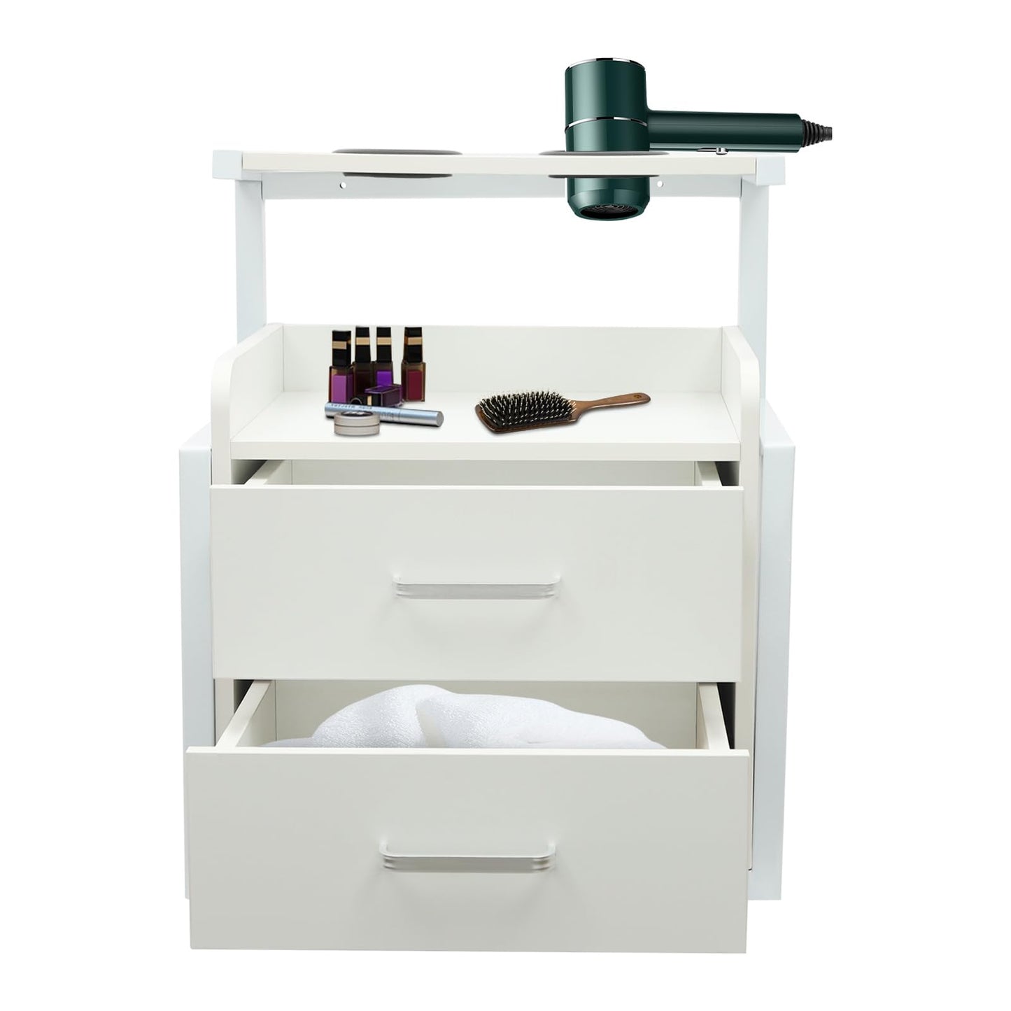 Wall Mounted Salon Storage Cabinet, Hair Tool Organizer Station with 2 Drawers & 1 Open Shelf, Barber Beauty Organizer for Salon, Home & Beauty Shop Silver＋White