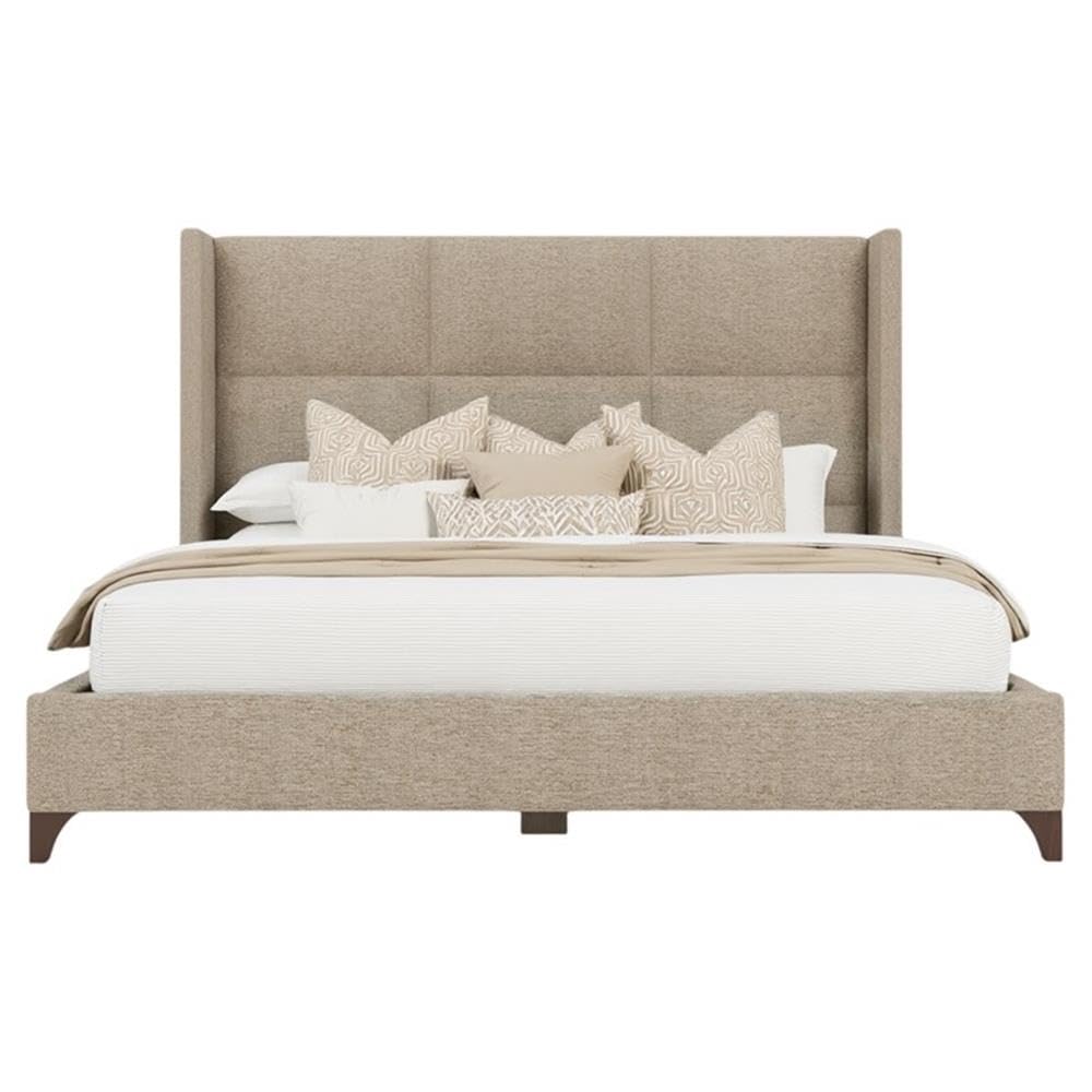 BOWERY HILL Modern Upholstered King Bed, Solid Wood Frame, Tan Performance Fabric, Square Panel Headboard, 57.5 in Tall, Adjustable Base Compatible, Box Spring Required, Elegant Bedroom Furniture