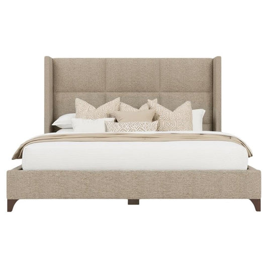 BOWERY HILL Modern Upholstered King Bed, Solid Wood Frame, Tan Performance Fabric, Square Panel Headboard, 57.5 in Tall, Adjustable Base Compatible, Box Spring Required, Elegant Bedroom Furniture