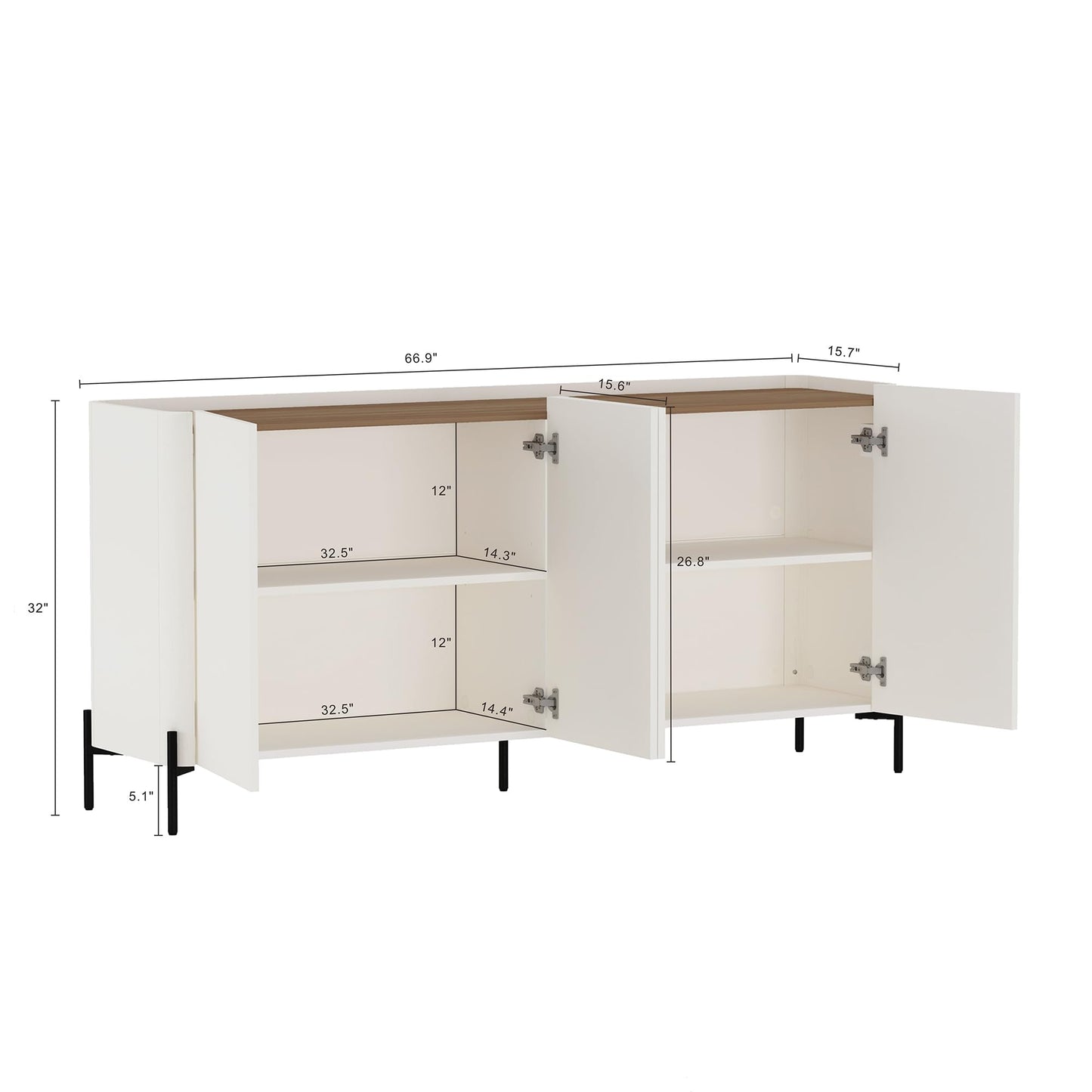 Manhattan Comfort Abbey 67" Sideboard Cabinet, Modern Console Table with Storage, Adjustable Shelves, Kitchen Buffet, Soft Close Doors, Handle-Free Design, Elevated Metal Legs, Maple and Off White