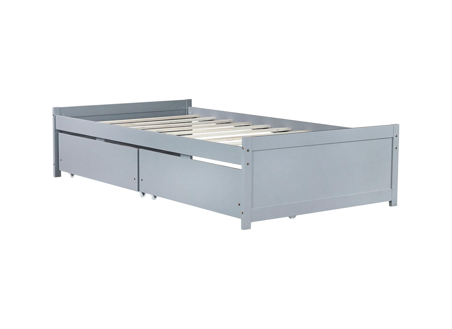 Twin Size Bed with Storage Drawers,Solid Rubber Wood Platform Bed Frame with 2 Pull-Out Drawers on Wheels,Wooden Beds for Kids Room Guest Room Bedroom,No Box Spring Needed,Easy Assembly,Grey