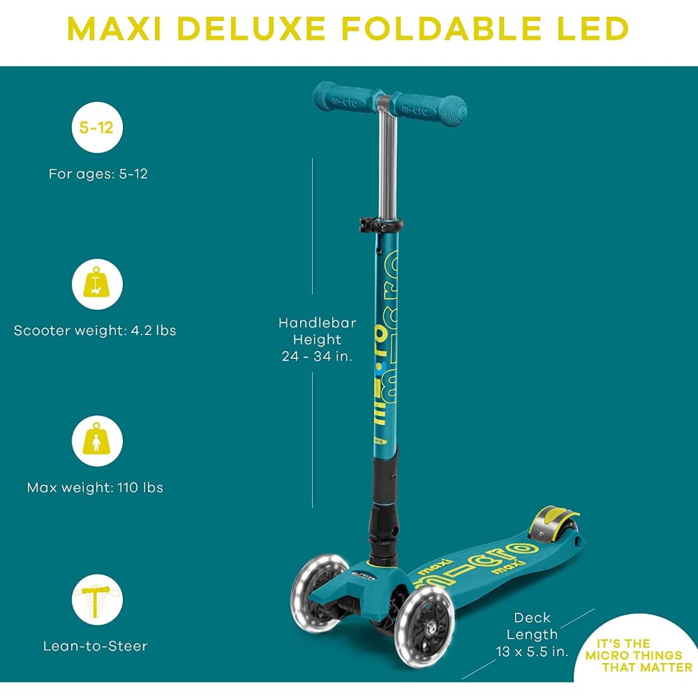 Micro Kickboard | Maxi Foldable LED Kids Scooter for Ages 5-12 | Children up to 110 lbs | 3 Wheel Lean-to-Steer Design | Adjustable T Bar | Smooth Ride, Motion Activated PU LED Wheels | Swiss Design