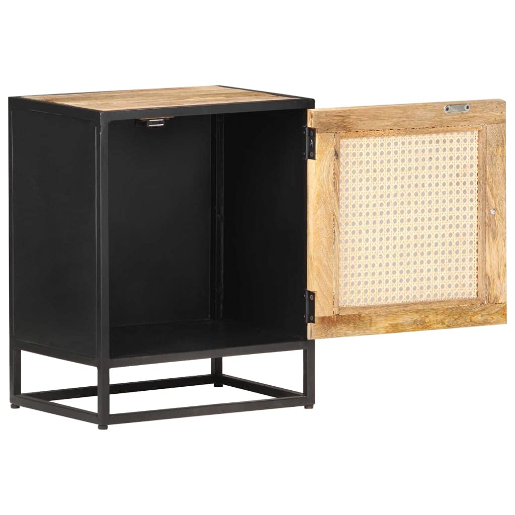 KGFHERENB Bedside Cabinet, 15.7"x11.8"x19.7" Rustic Solid Rough Mango Wood Nightstand with Hand-Woven Natural Cane Door, Iron Frame Side Table with Storage for Bedroom and Living Room