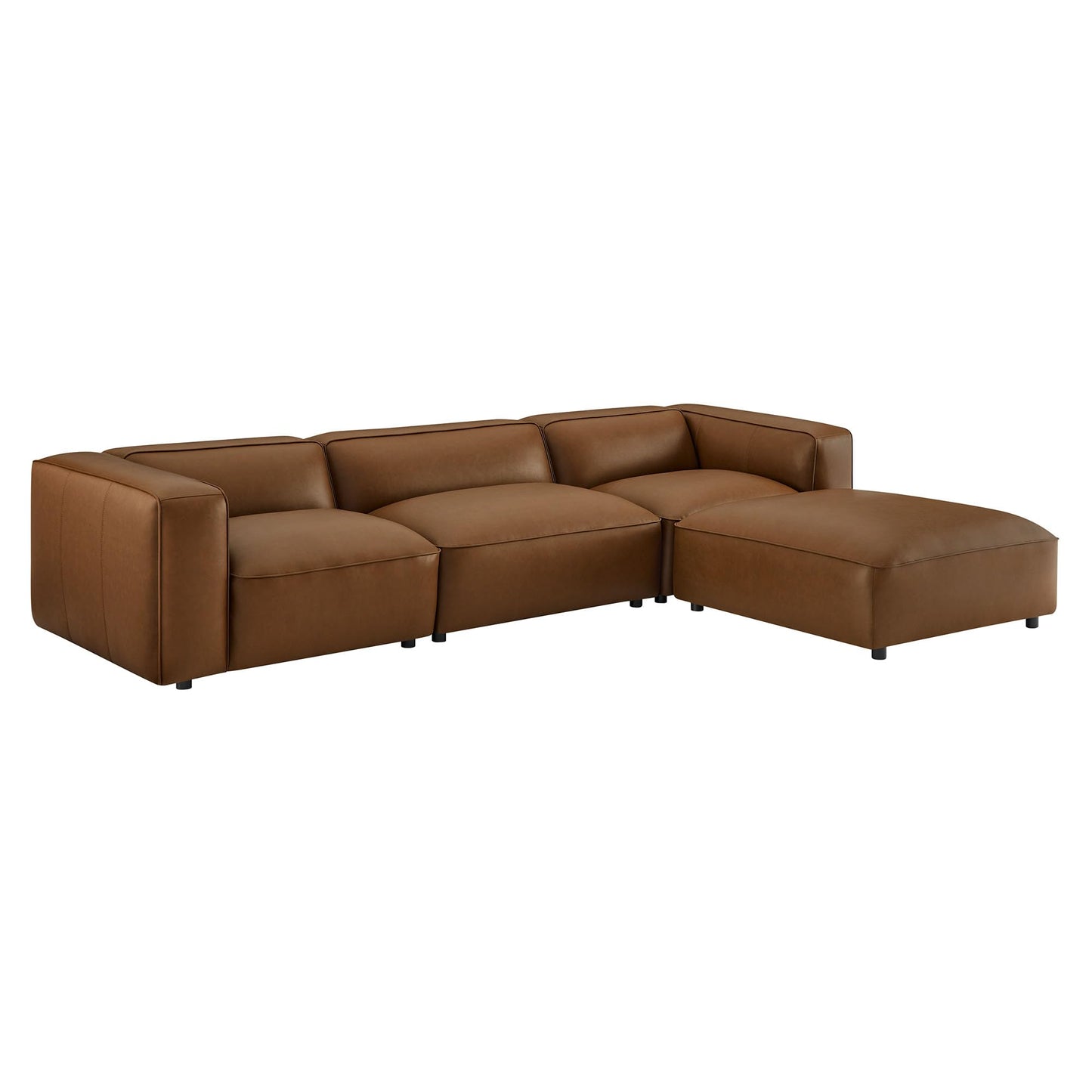 Modway Auren Vegan Leather 4 Piece Modular Sofa in Coffee - Faux Leather 3 Seater Sectional - Comfy Modern PU Leather Sofa with Ottoman - Oversized Mid Century Modern Couch for Living Room