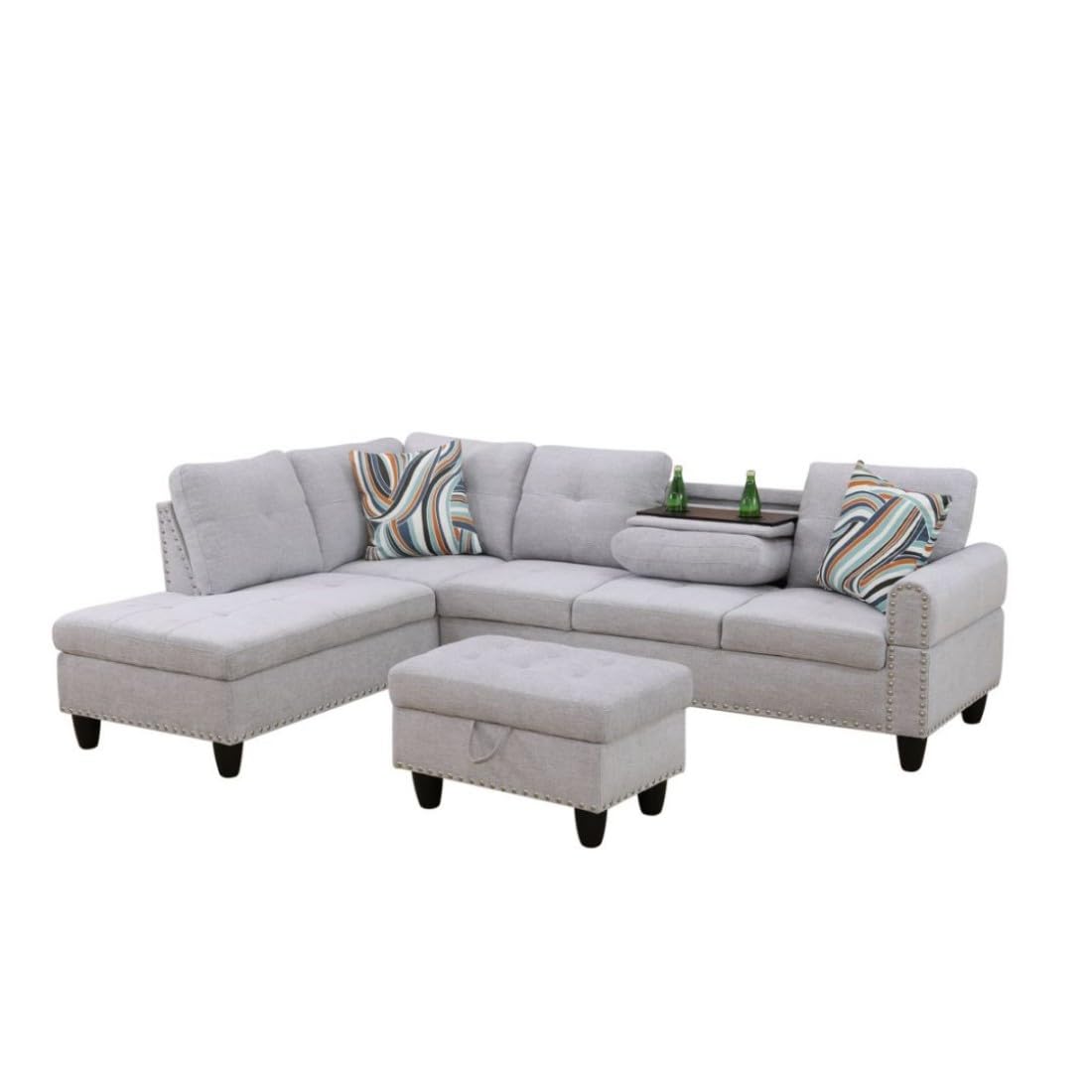 UOCFYK L-Shaped 3-Piece Flannel Sofa with Ottoman, Sectional Couch Set for Living Room, Office, Apartment, with Cup Holder, Grey White