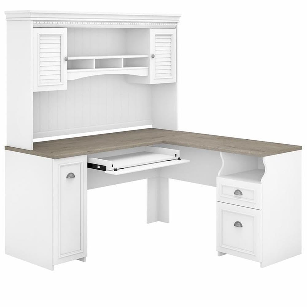 Hutch includes closed storage with framed louvered doors, three work-in-process cubby shelves and large center shelf