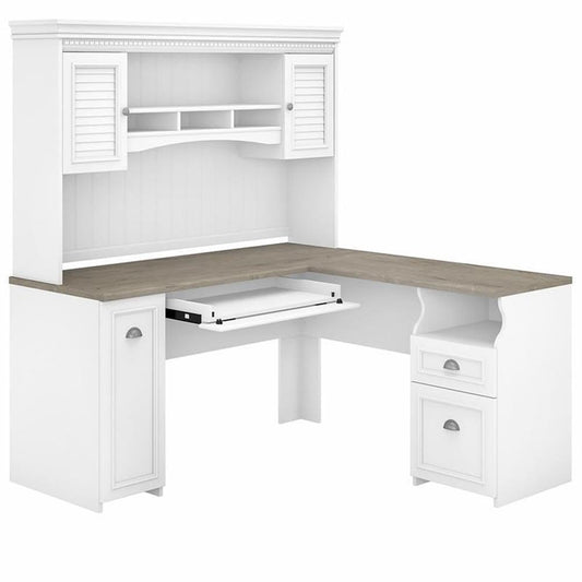 Hutch includes closed storage with framed louvered doors, three work-in-process cubby shelves and large center shelf