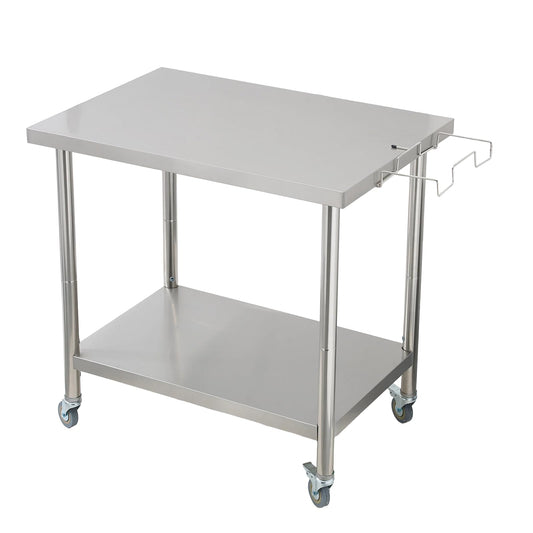 Garvee Stainless Steel Straight Edge Work Table 30 inch Double Layer with Casters & Garbage Shelf, Heavy Duty Commercial Prep Table, 0.7mm Thick