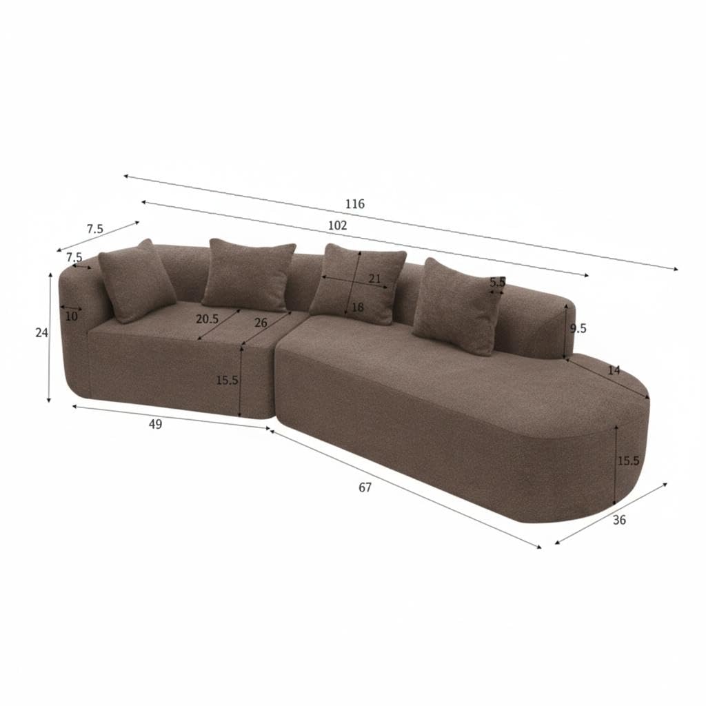 Merax 2-Piece 116" L-Shaped Modular Sectional Sofa Set, 4 Seat Fully Assembled Curved Upholstery Couch with High-Density Compressed Sponge, Chaise Lounge & 4 Pillows for Living Room, Brown