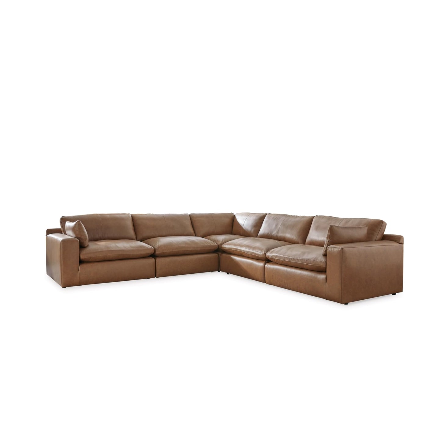 Signature Design by Ashley Emilia Modern Modular Leather Match 5-Piece Sectional with Loose Back Cushions and 2 Bolster Pillows, Light Brown