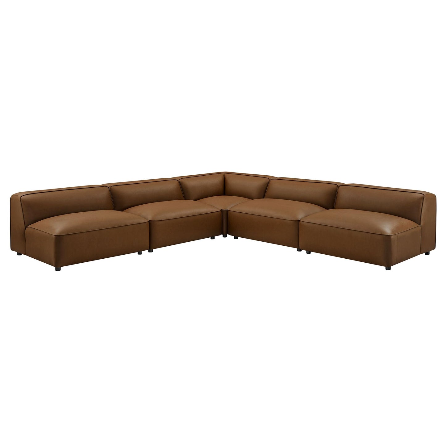 Modway Auren Vegan Leather 5 Piece Armless Modular Sofa in Coffee - Faux Leather L Shaped Sectional - Comfy Modern PU Leather Sofa - Oversized Mid Century Modern Couch for Living Room