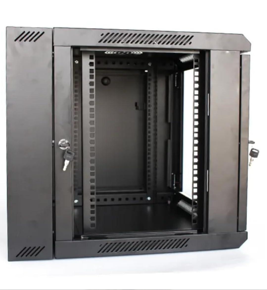 TechLinkd 9U Wall Mount IT Cabinet Enclosure Hinged Double Section Swing Out 19-Inch Server Network Rack with Glass Door 22-Inches Deep Black Professional