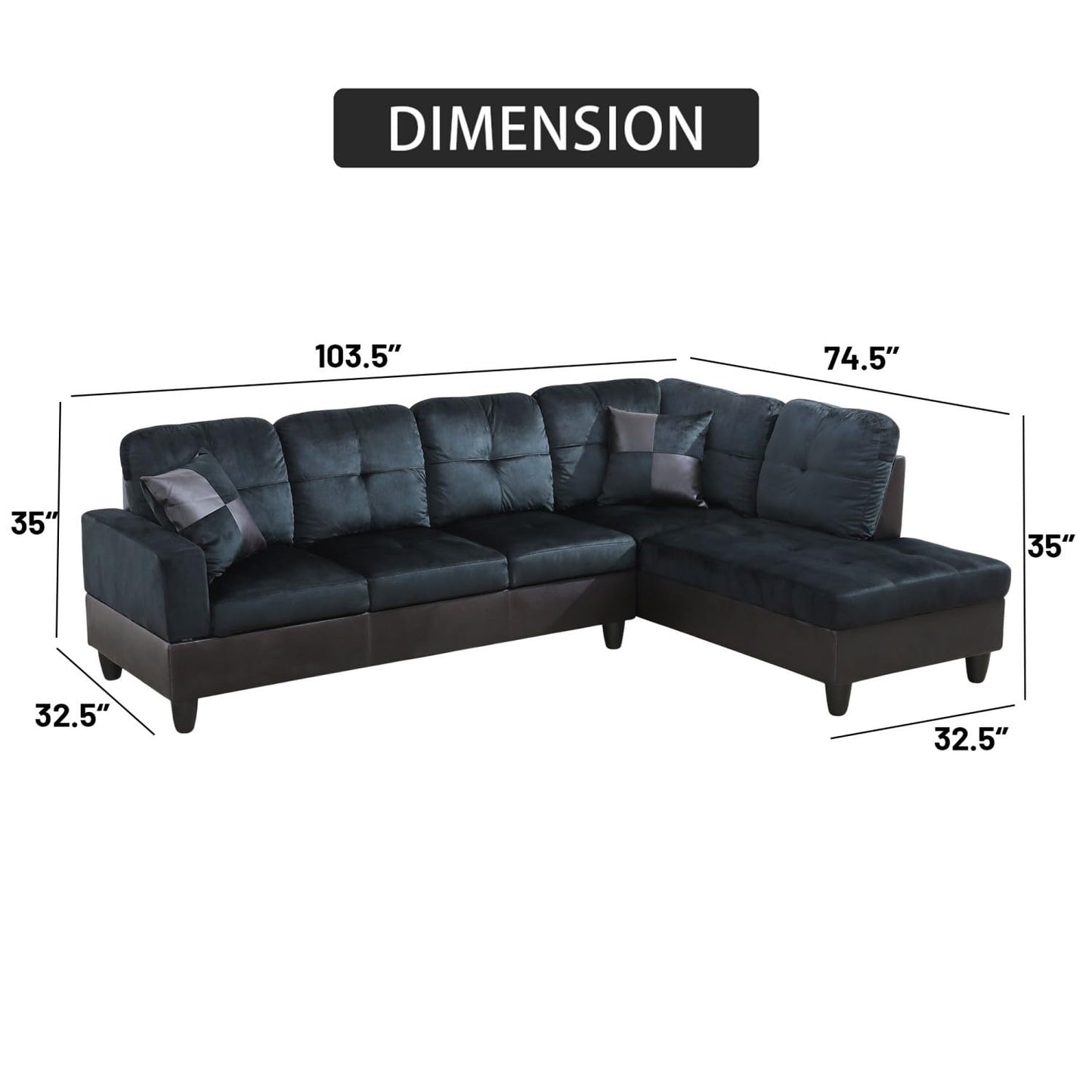 UOCFYK Sectional Sofa Couch with Right Chaise, L Shaped Couches Lint and PVC for Living Room, Office, Apartments, Small Space, Dark Brown