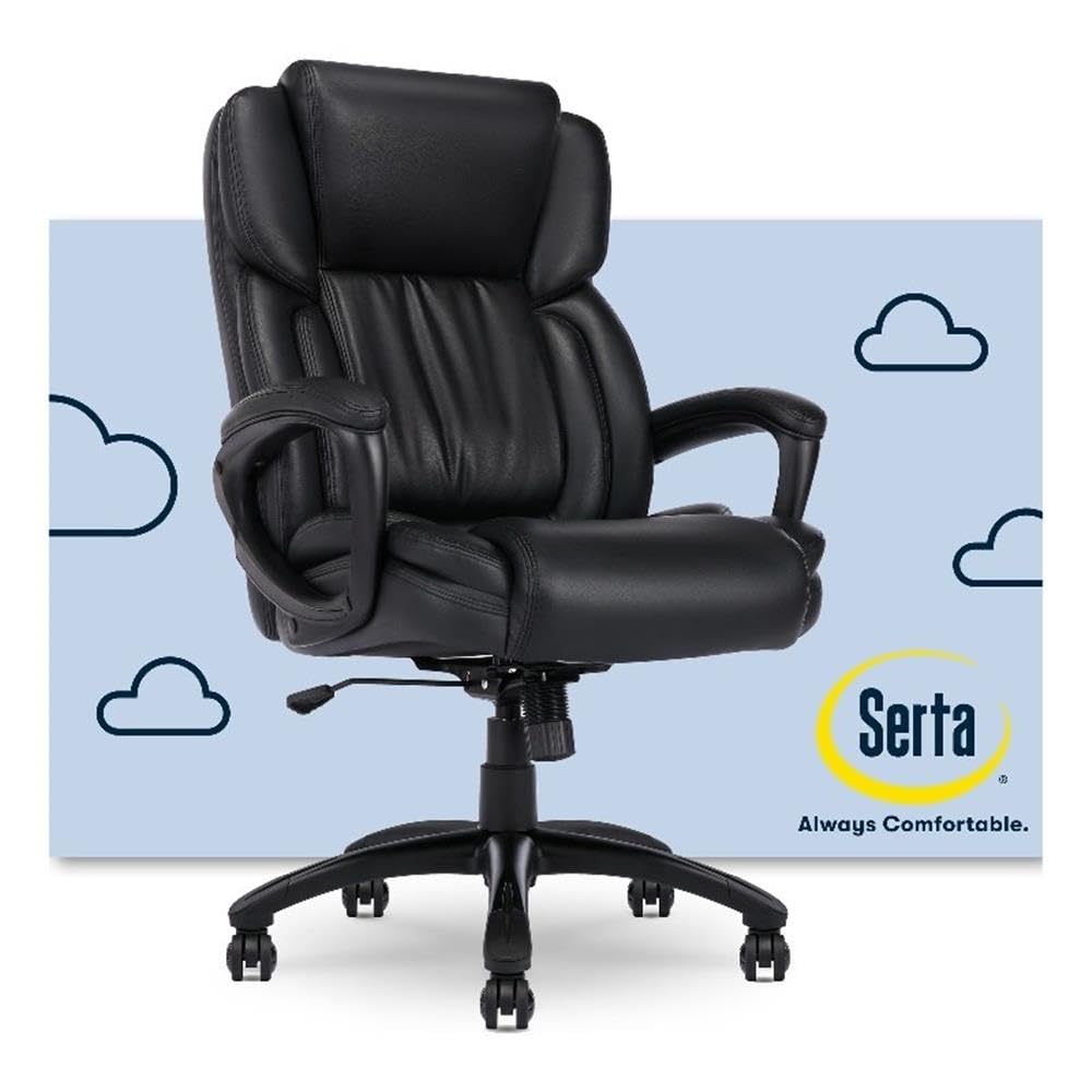 Serta Garret Executive Office Chair, Ergonomic Mid-Back with Lumbar Support, Semi-Plush Cushion and Body Pillows, Padded Armrests, Swivel Base, Bonded Leather, Space Black