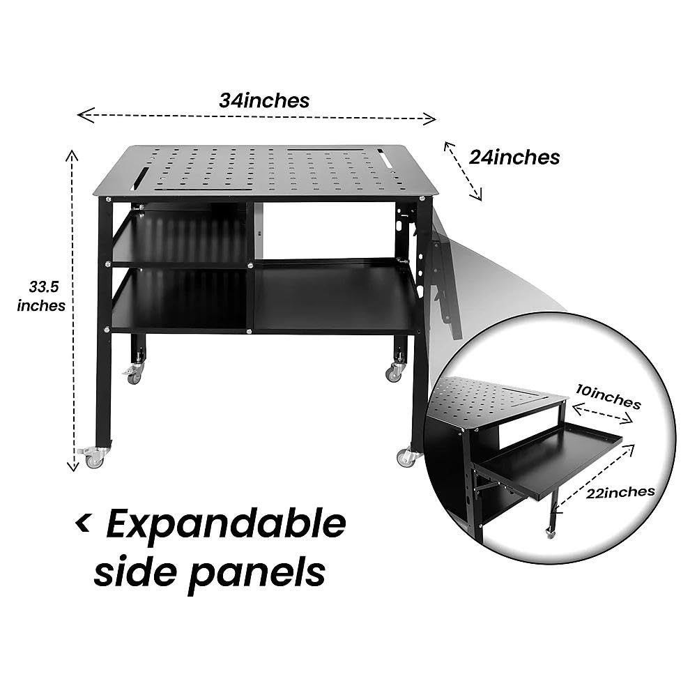 Portable Welding Table with Foldable Side Panels, Mobile Workbench Cart with Wheels for Factory, Garage & Welding Applications，Black,34'L × 24'W × 33.5'H