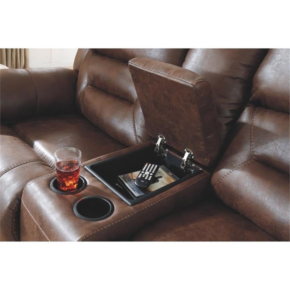 Signature Design by Ashley Stoneland Faux Leather Power Double Reclining Loveseat with Center Console, Dark Brown