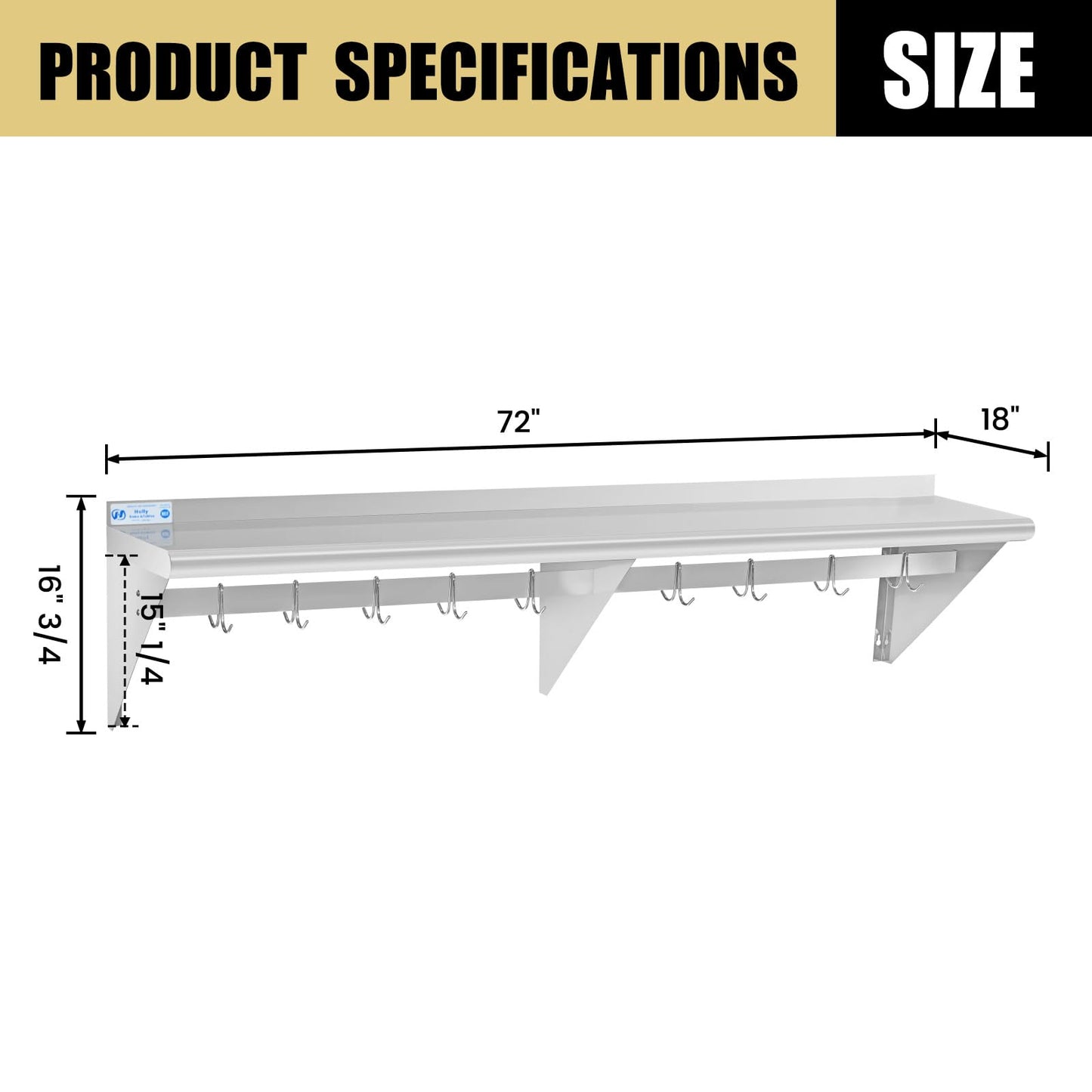 Hally Stainless Steel Shelf with 9 Hooks 18" x 72" Wall Mounted Pot Rack 500lb, NSF Commercial Floating Shelving for Storage Hanging Pots, Pans, cookware in Restaurant, Kitchen, Home and Hotel