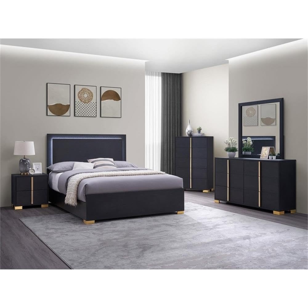 Pemberly Row 2-Drawer Wood Nightstand, 22.25 in H x 21.75 in W x 16.25 in D, Black and Gold Finish, Art Deco Style, Metal Glide Drawers, Geometric Accent, Bedroom Furniture Storage