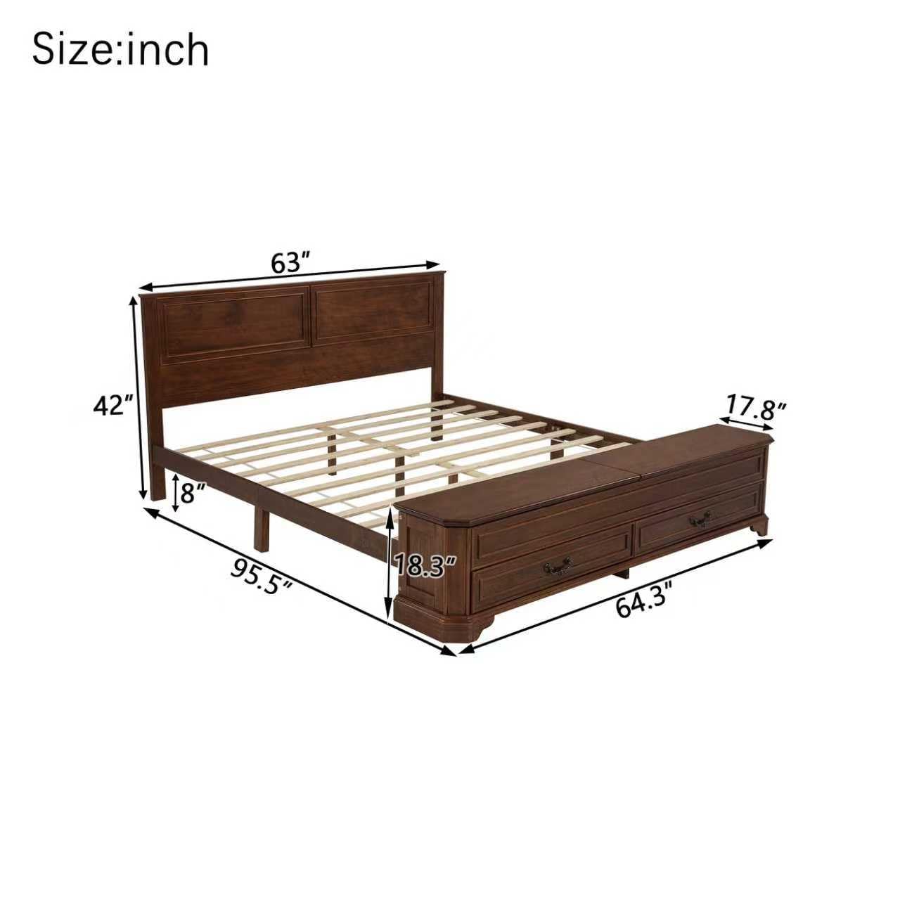 KEIKI Queen Size Farmhouse Style Bed Frame with Storage Bench, 2 Drawers & Lift-Top Compartments, Solid Wood Platform Bed with High Panel Headboard, Under-Bed Storage, No Box Spring Needed, Walnut