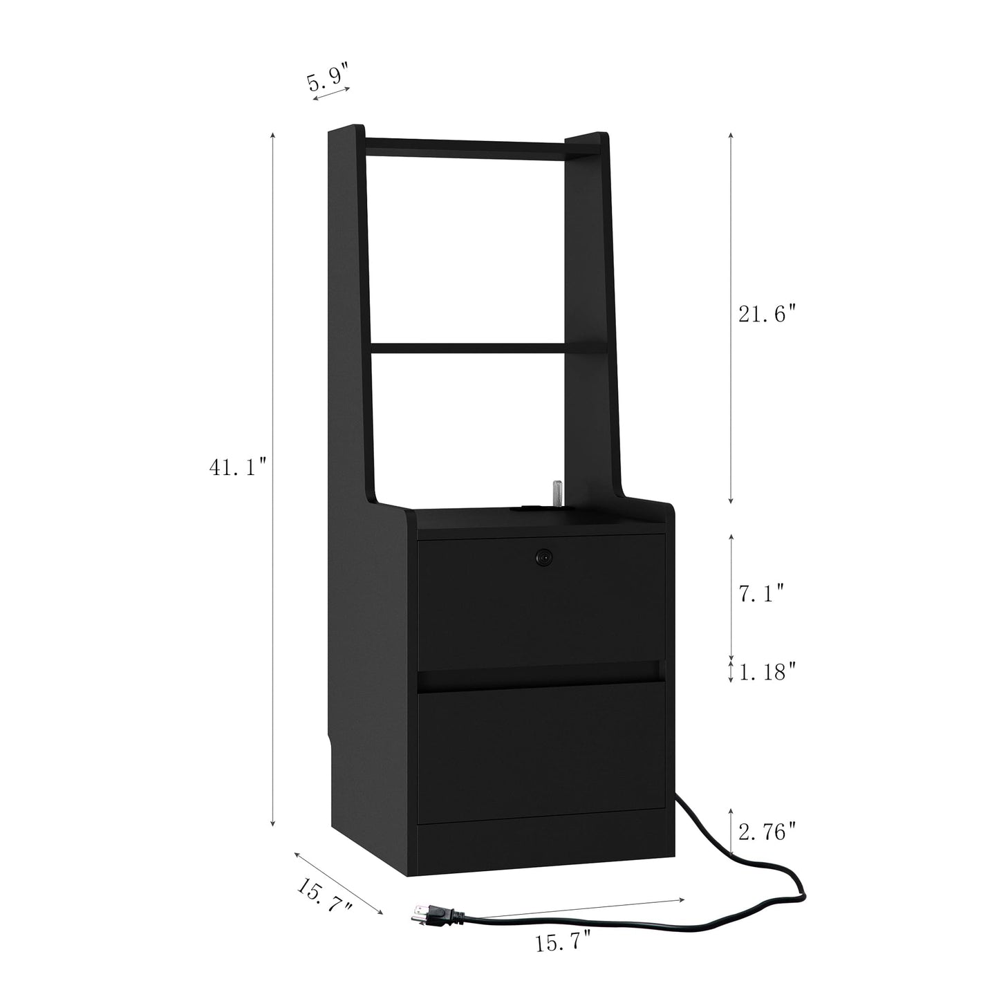 Black Nightstand with Charging Station & Night Light, Modern Black Bedside Table with Bookshelf & Storage Cabinet for Bedroom, 41InchTall Nightstand for Bedroom - W15.74 x D15.74 x H41.14