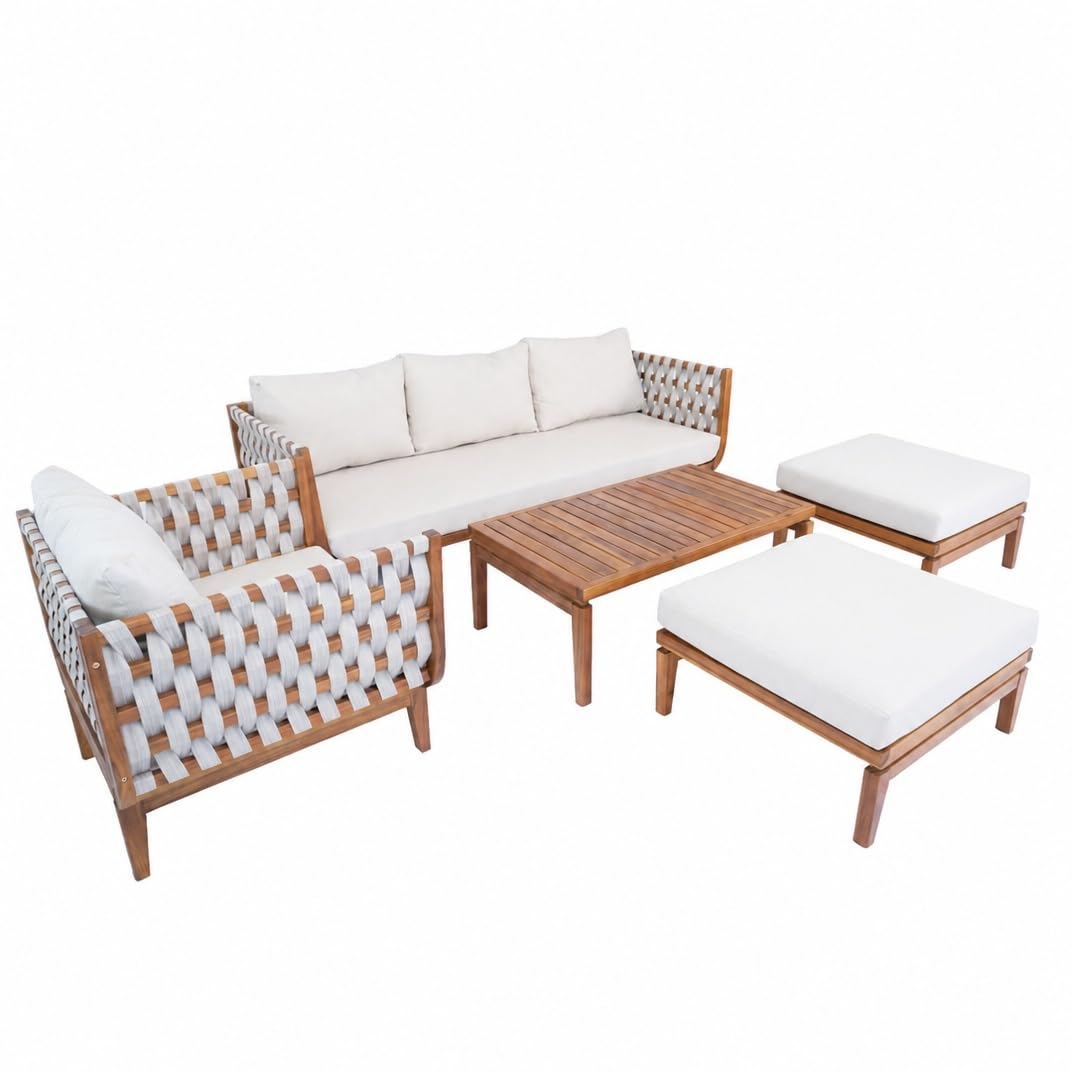 Merax 5 Piece Rope Woven Paito Conversation Set, Outdoor All-Weather Acacia Wood 3-Seater Sofa, 2 Armchairs with Cushions,1 Ottoman, 1 Coffee Table for Porch, Lawn, Backyard, Balcon, Teak+ Beige