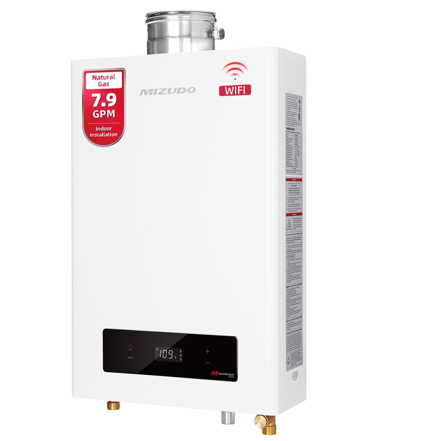 MIZUDO 180,000 BTU Natural Gas Tankless Water Heater Indoor Installation, Max 7.9 GPM, WiFi&APP Control CSA Certified Non Condensing High Efficiency for Large Families Residential Whole House