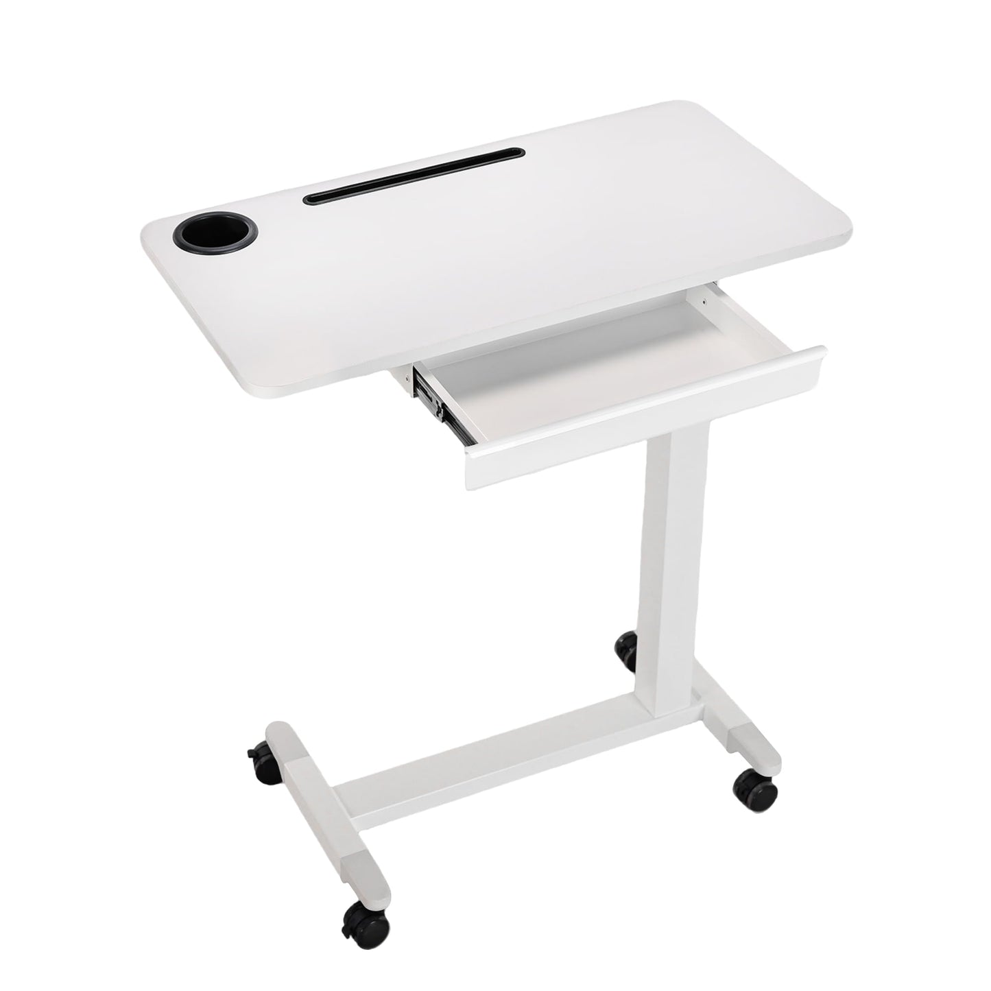 yaaqoo Height Adjustable Overbed Table with Drawer and Wheels, Rolling Standing Laptop Desk, Portable Bedside Tables with Slot, Cup Holder, Mobile Pneumatic Computer Cart, White