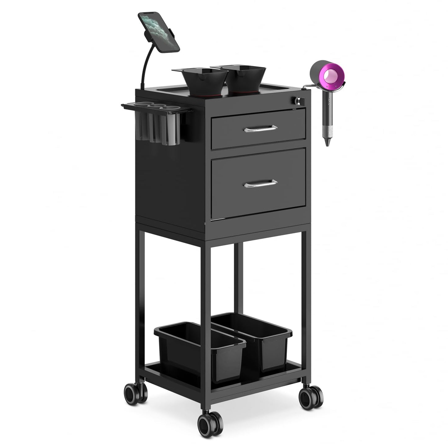 SalonDepot Salon Cart Lockable Metal Storage Trolley with Wheels Sturdy Rolling Work Station, High End Tool Organizer with 2 Magnetic Bowls for Hair Stylist, Tattoo, and Barber