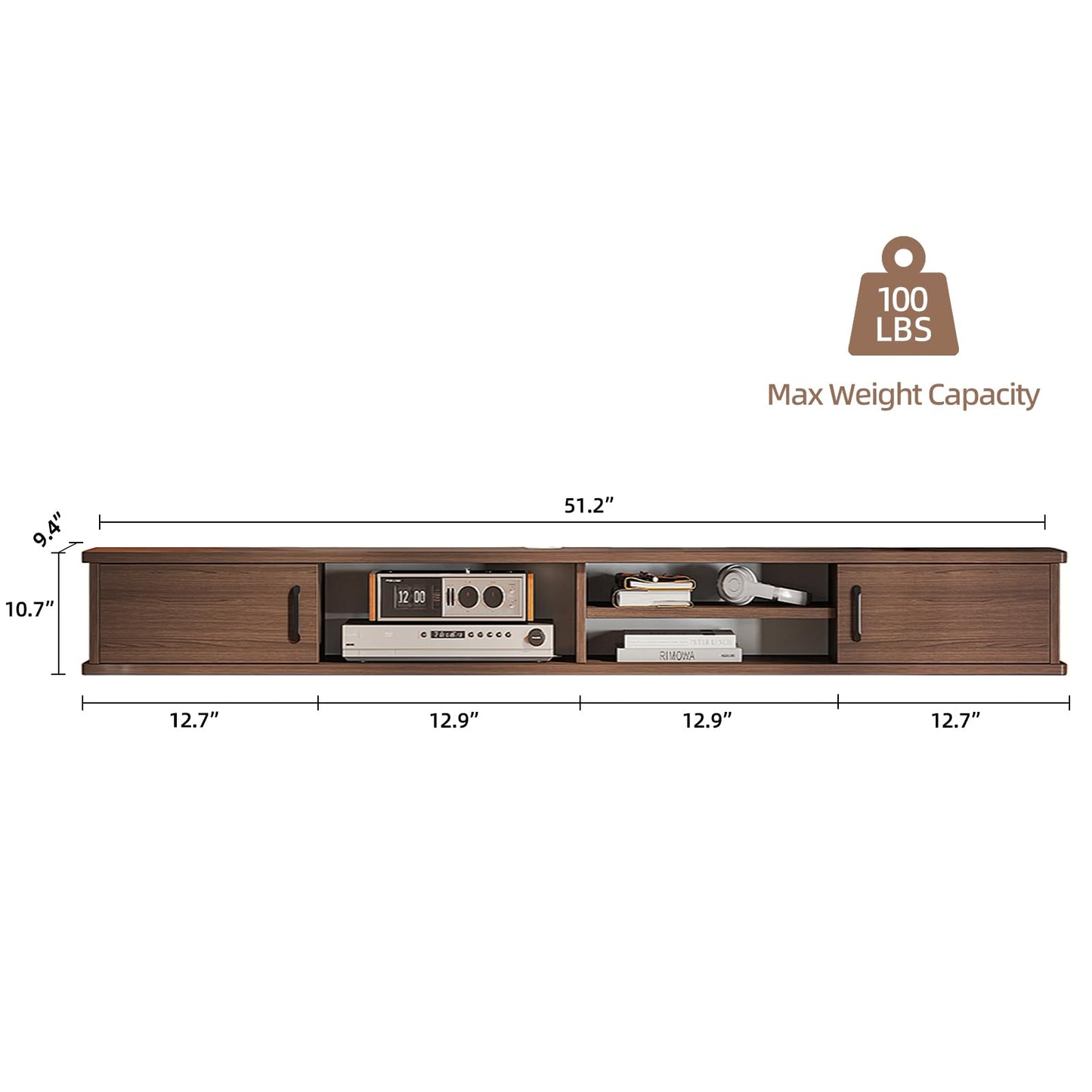 FurniNova Floating TV Stand,51'' Wall Mounted TV Console,Floating TV Shelf,Wall TV Cabinet,Floating Entertainment Shelf,Walnut