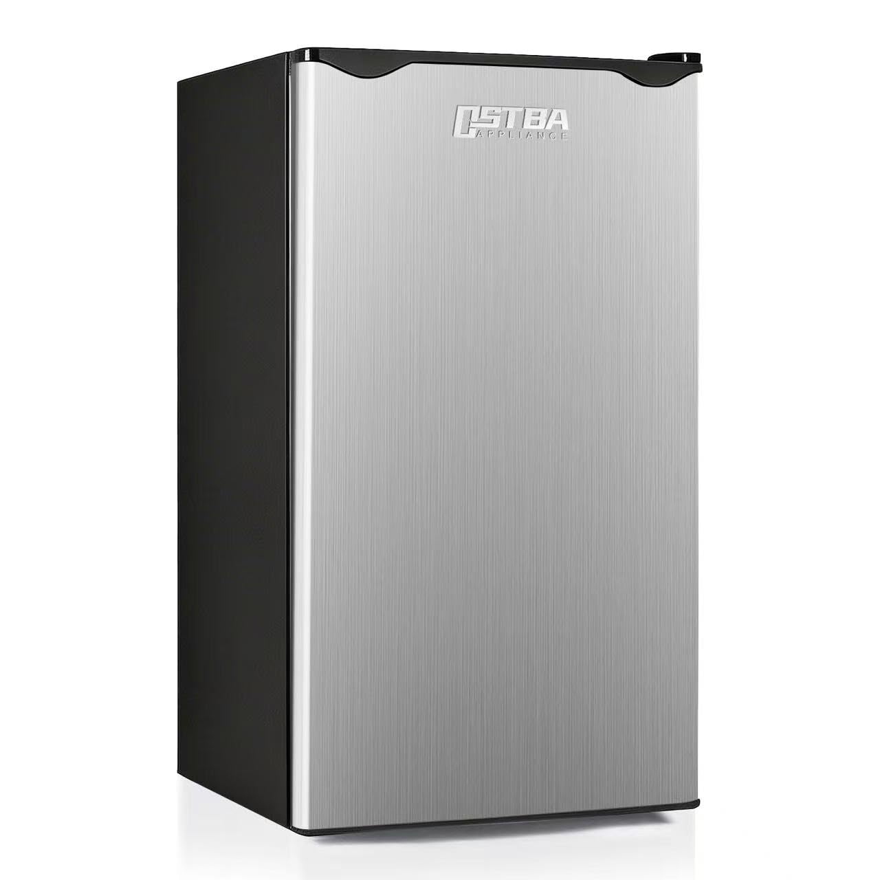 OSTBA 3.2 Cu.Ft Mini Fridge with Freezer, Small Refrigerator with Adjustable Thermostat, 3 Glass Shelves, Crisper Drawer, Low Noise Compact Fridge for Bedroom, Office, Dorm, RV, Single Door, Sliver