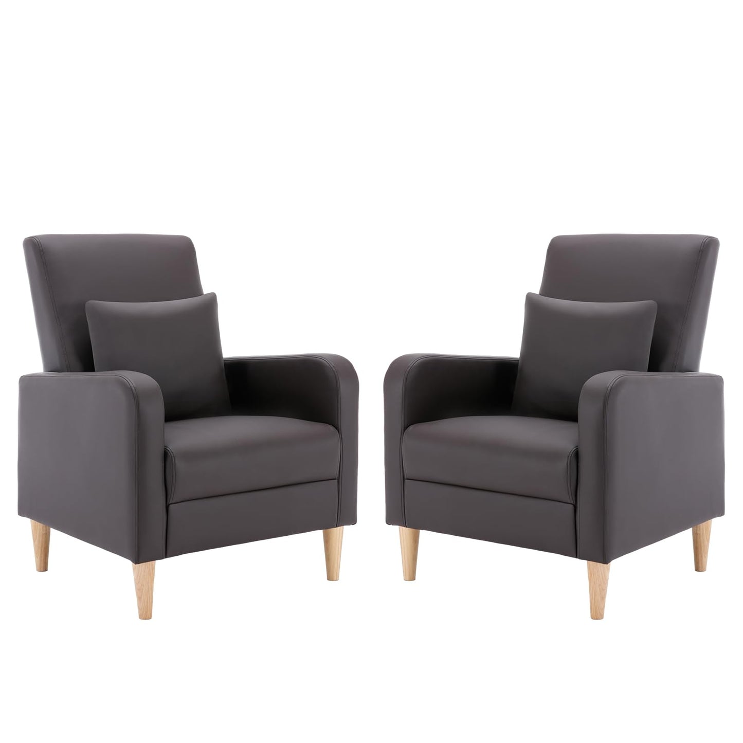 COLAMY Modern Accent Living Room Chairs Set of 2, Upholstered Faux Leather Armchairs Reading Side Chair, Single Sofa with Back Pillow and Wood Legs, Brown