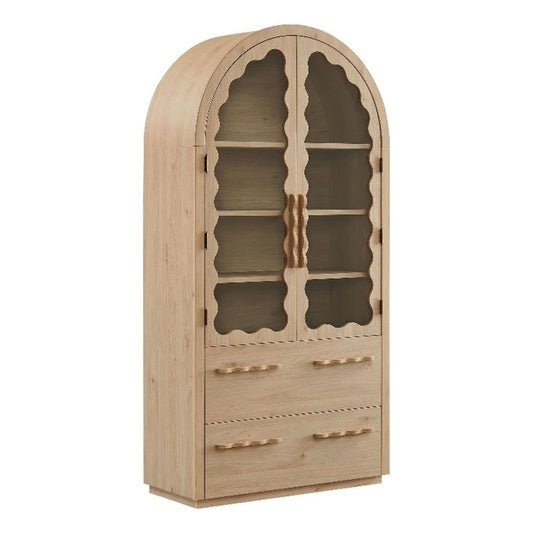 Modway Rory 76 Inch Arched Kitchen Pantry Cabinet with Glass Doors in Light Oak - Vintage Retro Accent Display Stand for Dining Room, Living Room, Hallway