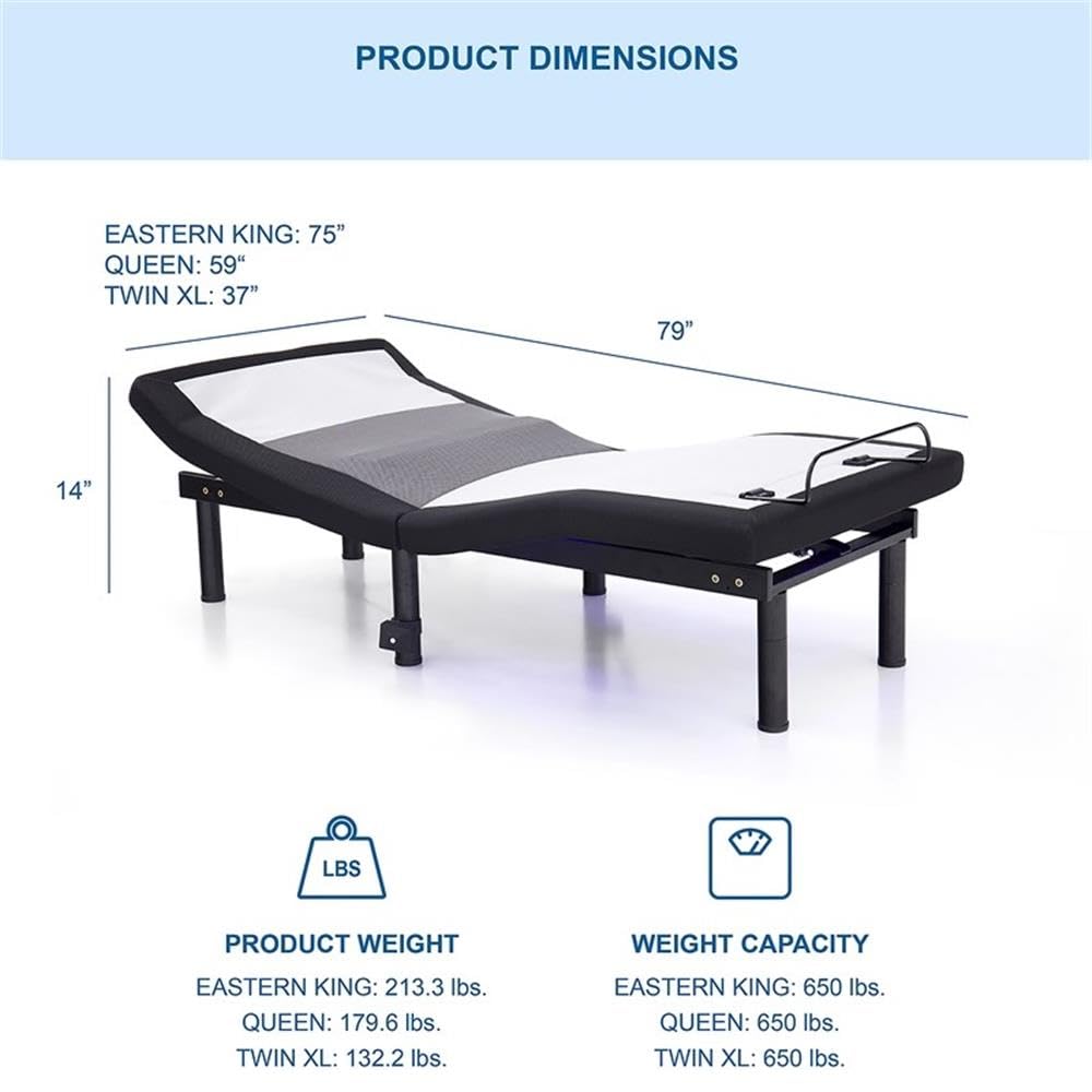 Pemberly Row California King Adjustable Bed Base, Metal Frame with USB Ports, Black Finish, Tri-Motor System, Wireless Remote and App Control, Adjustable Head and Foot Positions, Modern Bedroom