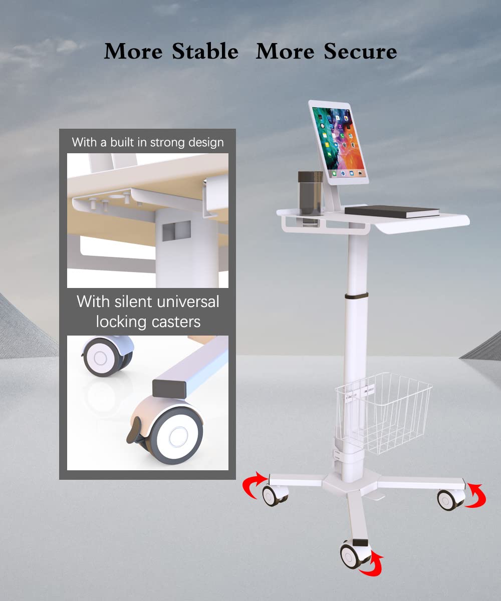 Mount Plus C01 Height Adjustable Mobile Medical Tablet Cart with Wheels and Tablet Enclosure Basket Storage | Medical Trolley for Hospital Clinic Beauty Salon | Pneumatic Mobile iPad Workstation