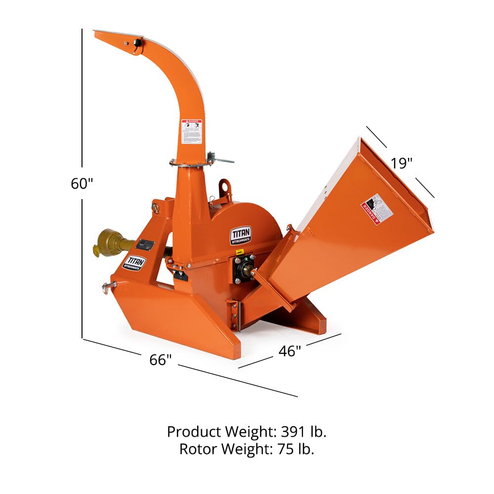 Titan Attachments 3 Point Wood Chipper, PTO Driven for Tractors up to 40HP, 25" Rotor Chips up to 4" Diameter Timber, Self-Feeding Chute, Adjustable Discharge, Shredder Mulcher with Reversible Blades