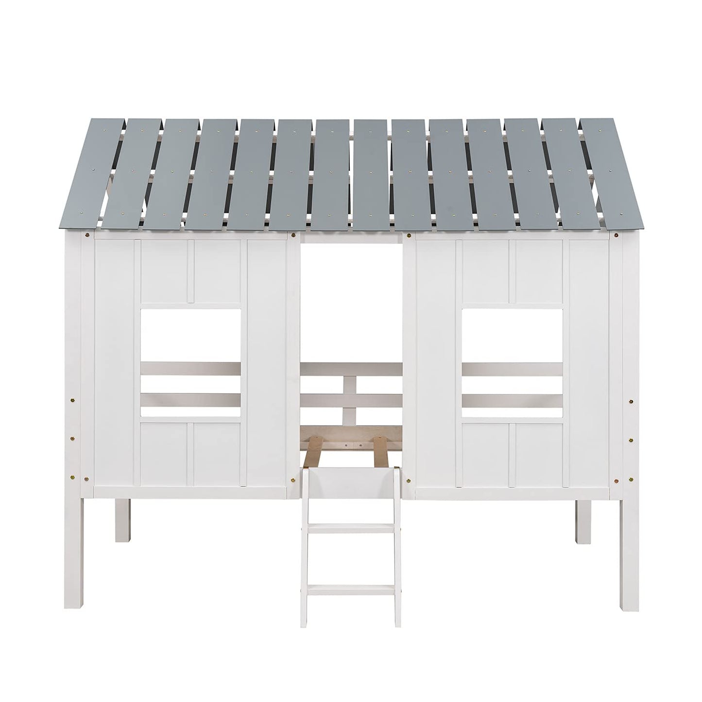 Merax Twin Size Wooden House Bed, Low Loft Bed Frames with Two Front Windows and Roof for Girls and Boys, White(Grey Roof)
