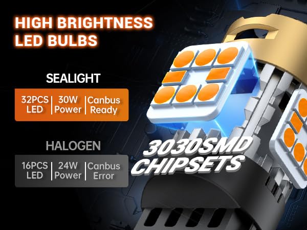 SEALIGHT LED Turn Signal Bulb, 3157 Size, Amber Yellow, Aluminum, Pack of 2, 1400% Brighter for Front Rear Signal Lights