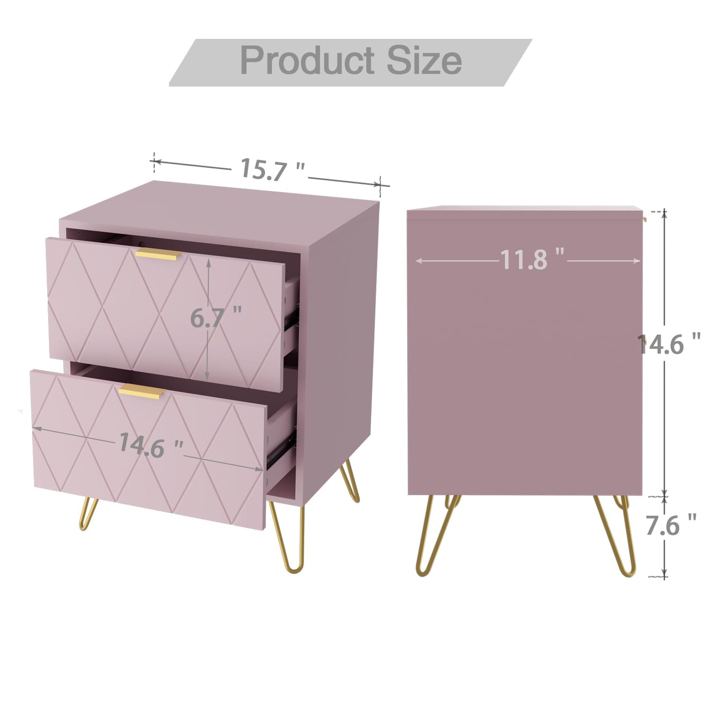 Anbuy Pink Nightstand Set of 2, End Side Table Double, Bedside Table with 2 Drawers, Dual Night Stand Set 2 Gold Legs for Bedroom Living Room
