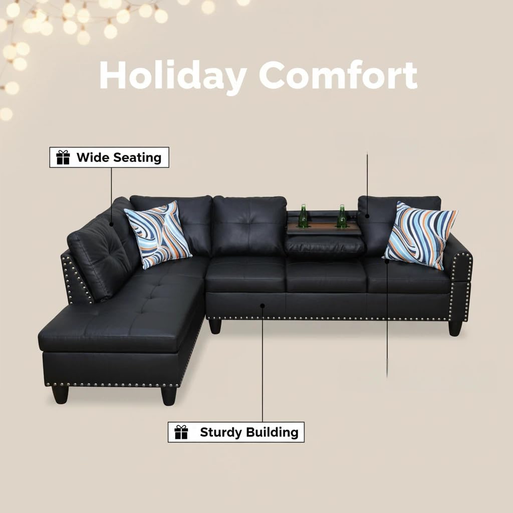 Trygoal L-Shaped Sectional Sofa with Cup Holder, Leather 4-Seat Couch with Chaise Lounge, Modern Upholstered Living Room Furniture, Black