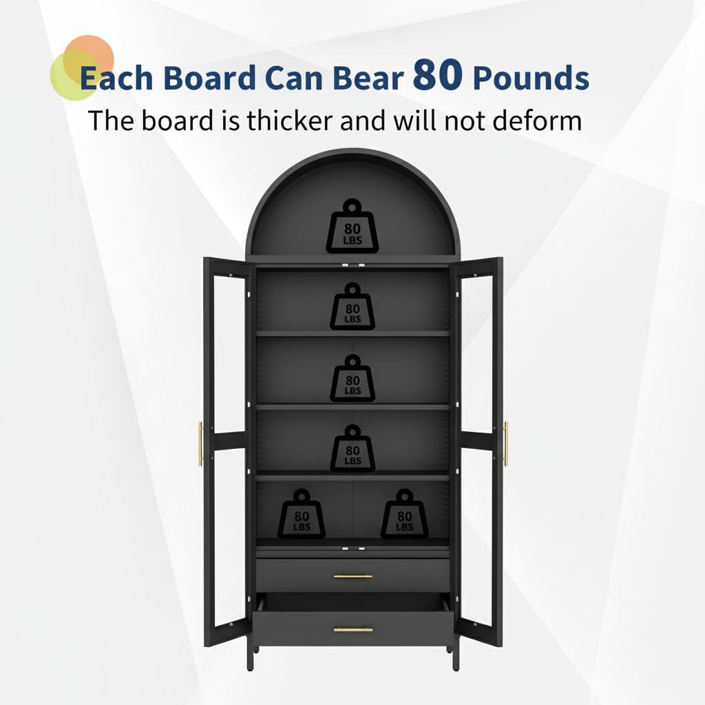 IDEAHOUSE 55" Tall Kitchen Pantry Cabinet, Arched Display with Glass Doors, 2 Drawers & Adjustable Shelves for Living, Dining Room, Black