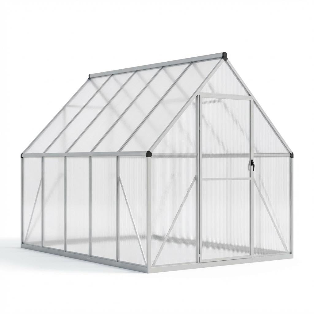 6x9 ft Polycarbonate Greenhouse with Aluminum Frame, Walk in Greenhouse with Adjustable Roof Vent, Heavy Duty Green House for Outside Garden Backyard, Easy Assembly, Silver