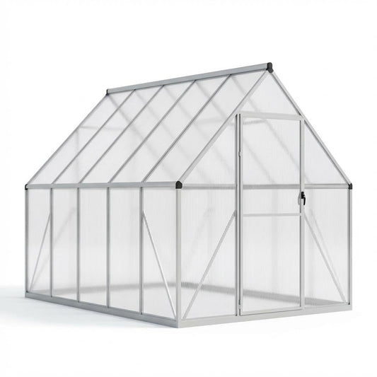 6x9 ft Polycarbonate Greenhouse with Aluminum Frame, Walk in Greenhouse with Adjustable Roof Vent, Heavy Duty Green House for Outside Garden Backyard, Easy Assembly, Silver