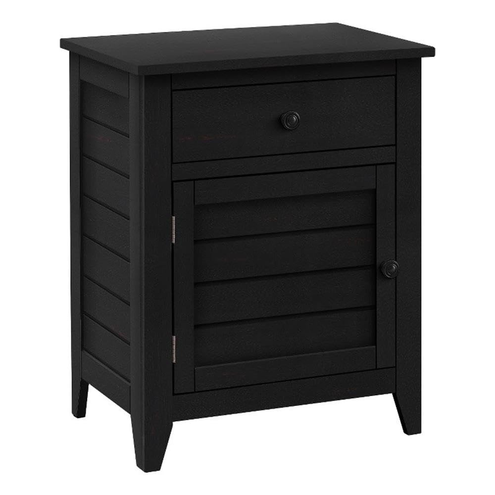 Pemberly Row 25" Coastal Accent Table with Cabinet, Black Veneer Finish, Clapboard Paneling, Storage Drawer and Cabinet, Compact End Table or Nightstand for Living Room or Bedroom